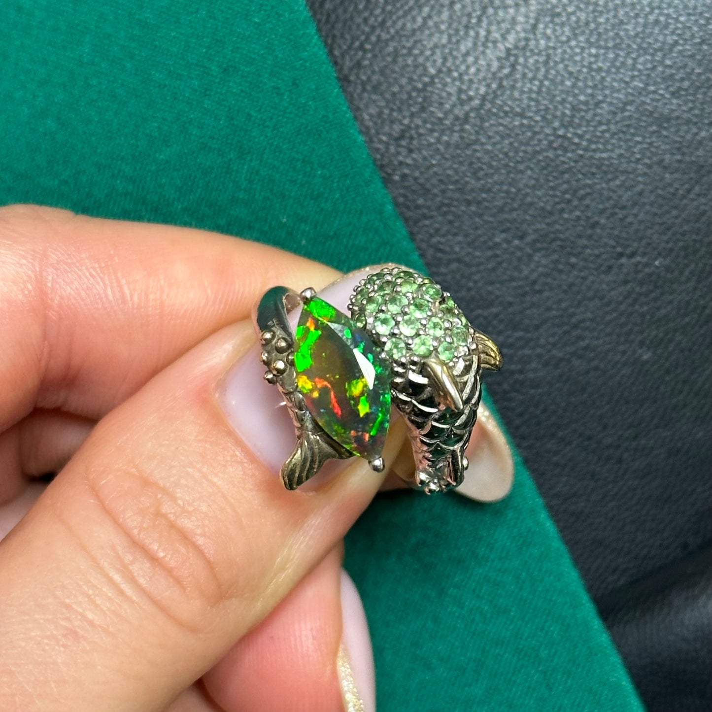 Silver Dolphin Ring with Black Opal and Tsavorite Garnets