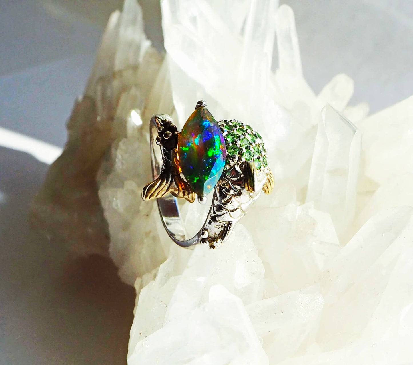 Silver Dolphin Ring with Black Opal and Tsavorite Garnets