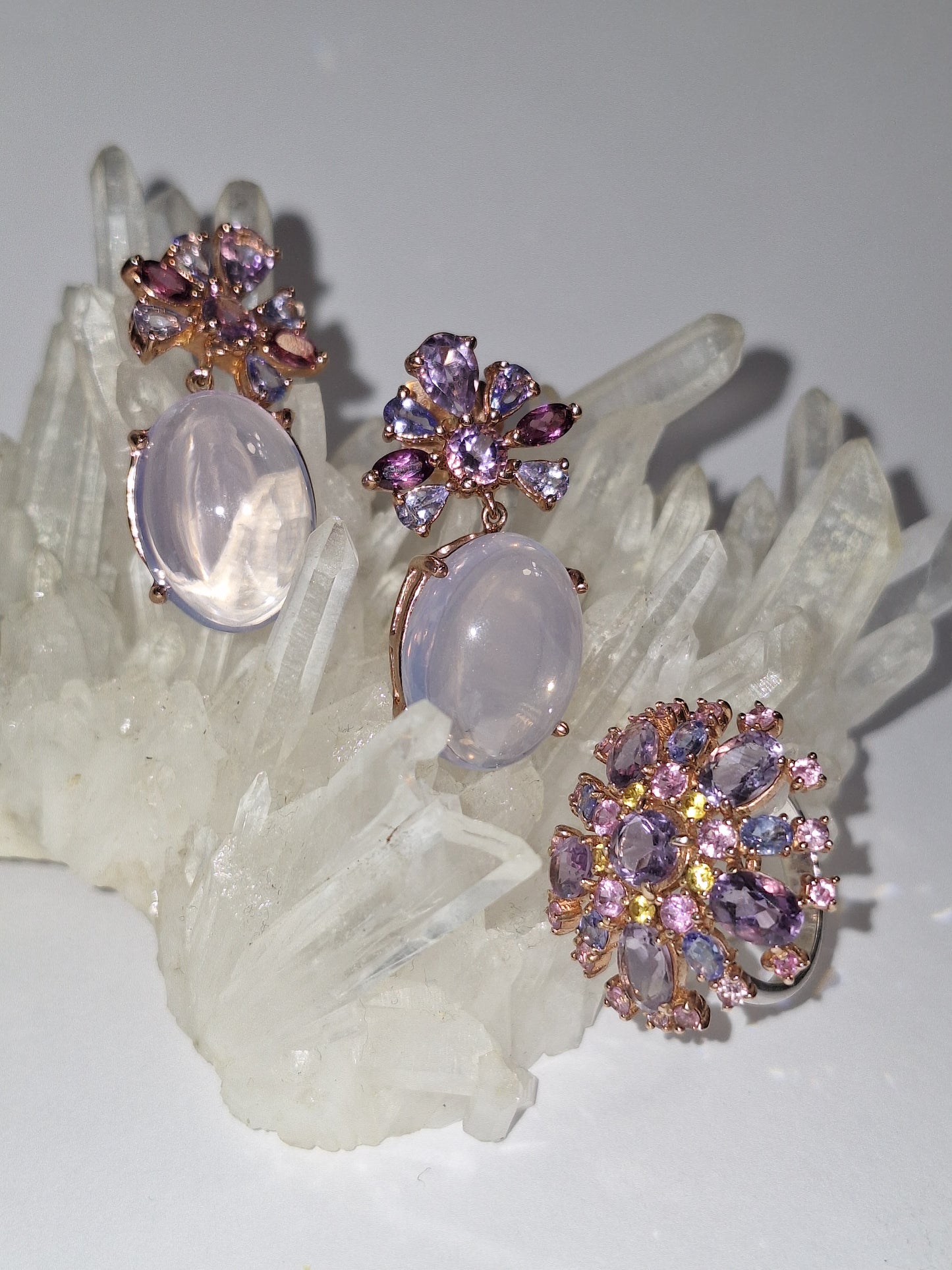 Silver Earrings with Lavander Amethysts, Tanzanites, Rhodolites and French Amehysts