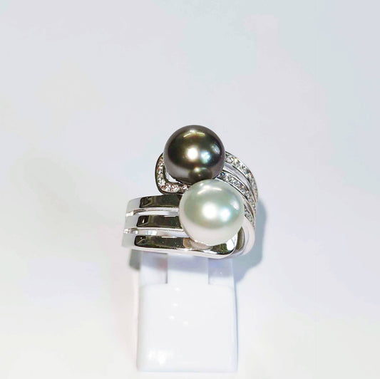 Silver Yin and Yang Ring with White and Black Sea Pearls and Zircons