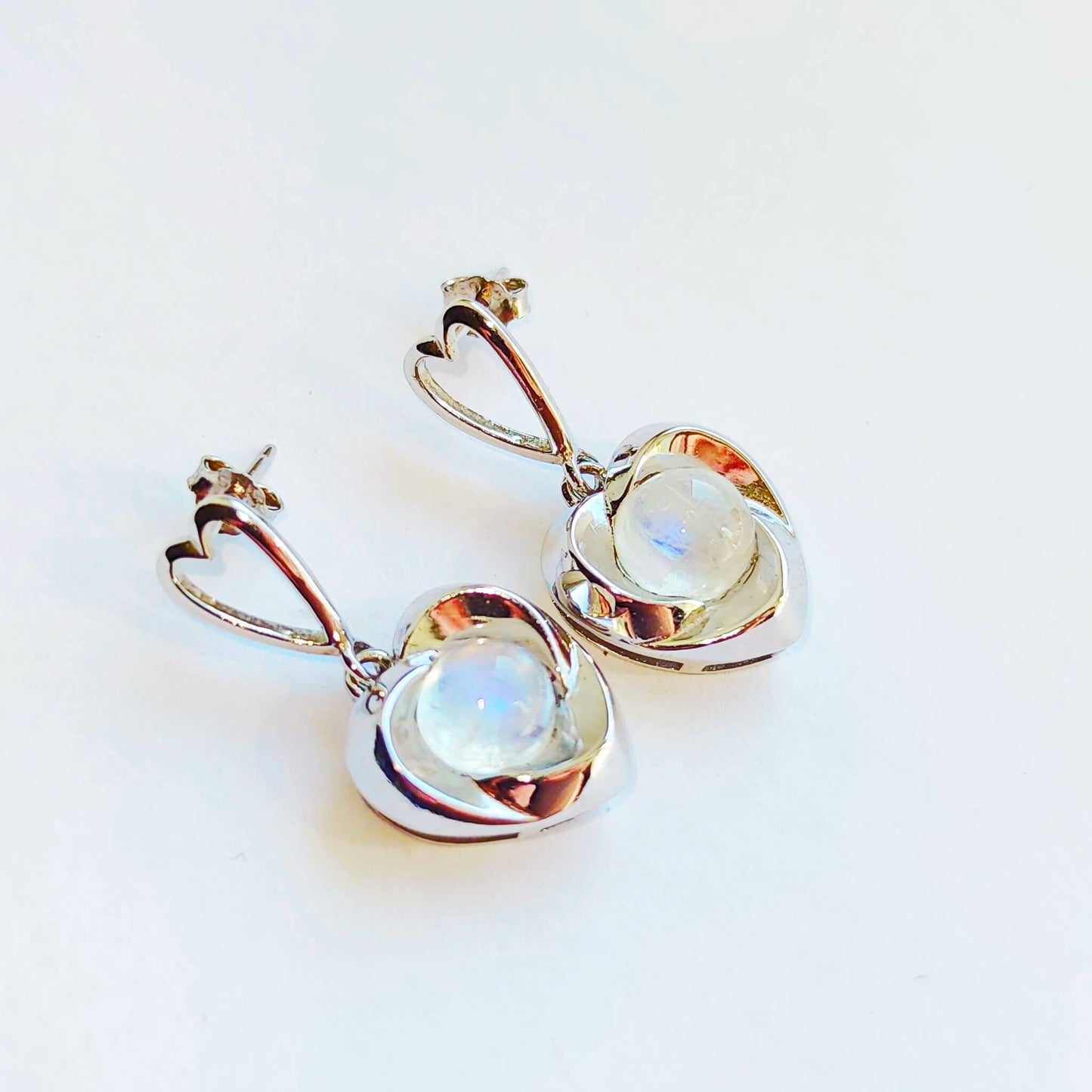 Silver Hearts Earrings with Moonstones and Zircons