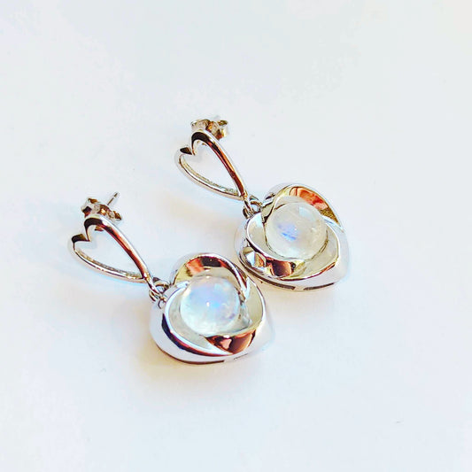 Silver Hearts Earrings with Moonstones and Zircons