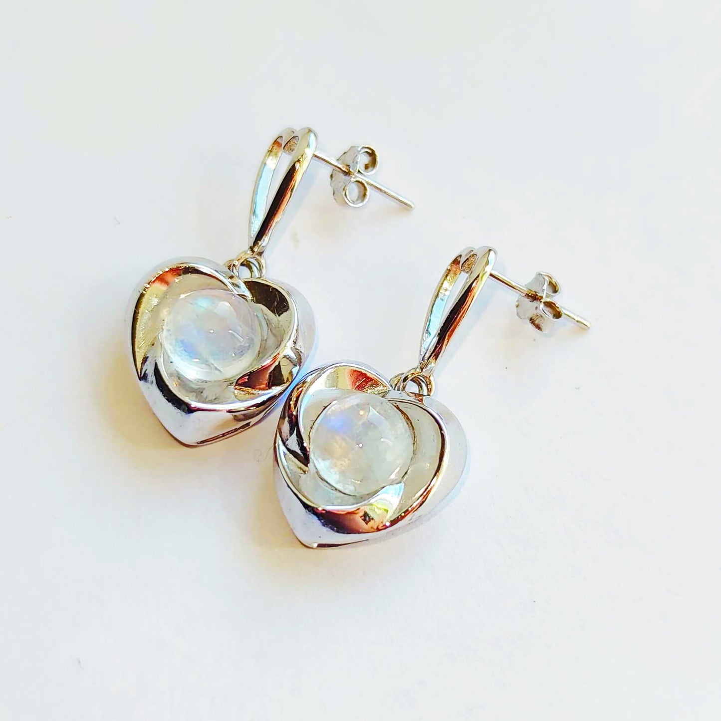 Silver Hearts Earrings with Moonstones and Zircons