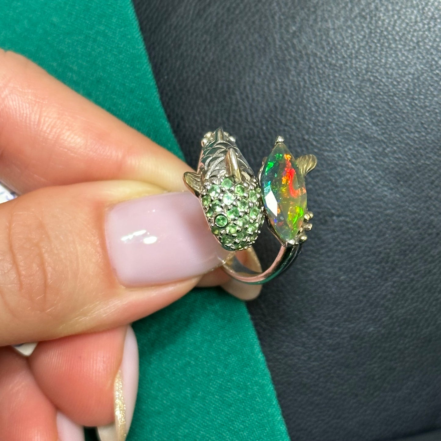 Silver Dolphin Ring with Black Opal and Tsavorite Garnets