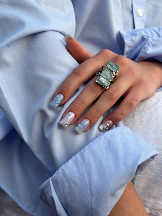 Silver Ring with Aquamarines and Blue Sapphires