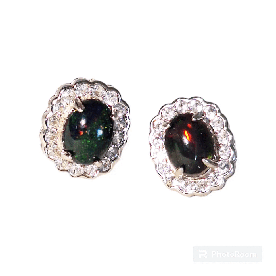 Silver Earrings with Black Opals and Zircons