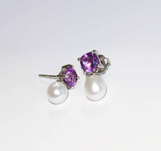 Silver Earrings with Amethysts and Pearls