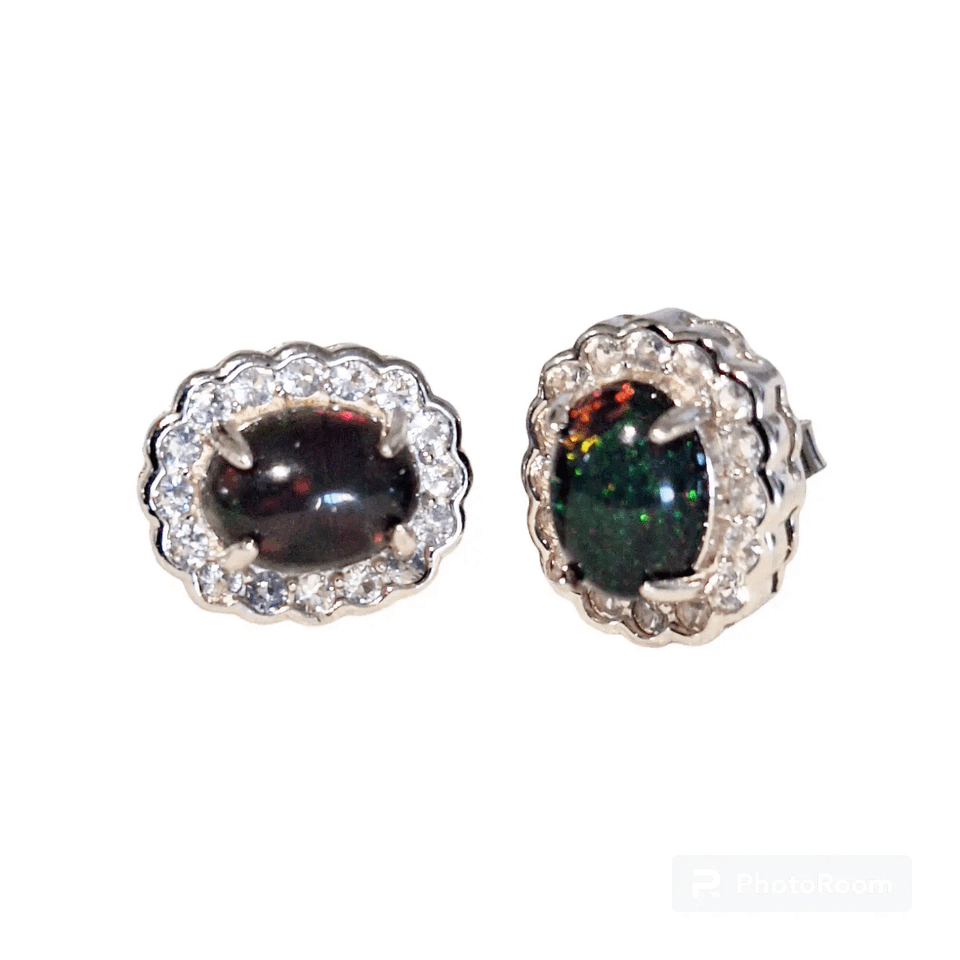 Silver Earrings with Black Opals and Zircons