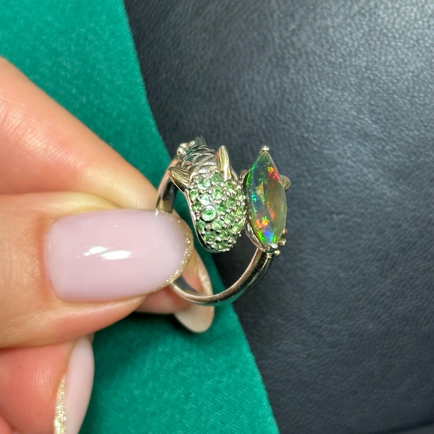 Silver Dolphin Ring with Black Opal and Tsavorite Garnets