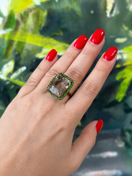 Silver Ring with Smoky Quartz and Chrome Diopsides