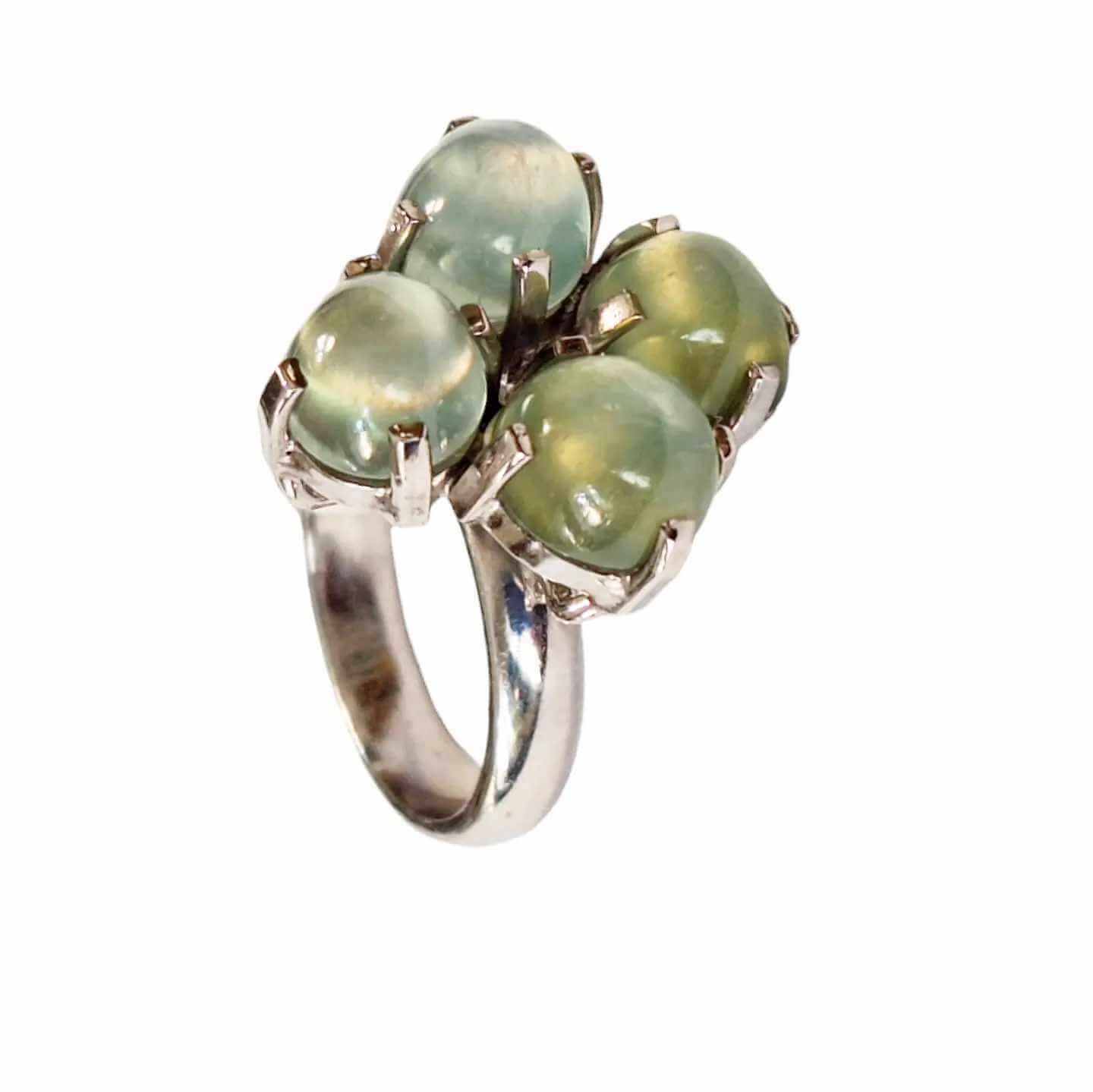 Silver "Four-Leaf Clover" Ring with Prehnites