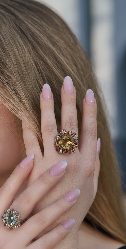 Sterling silver flower ring with citrines and rubies 