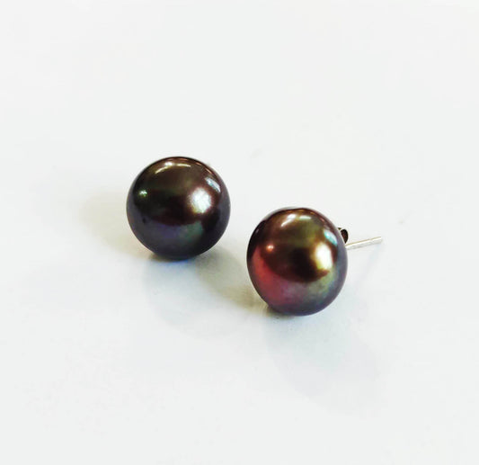 Silver Earrings with Black Freshwater Pearls