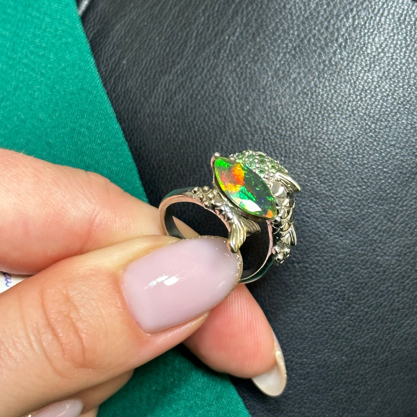 Silver Dolphin Ring with Black Opal and Tsavorite Garnets