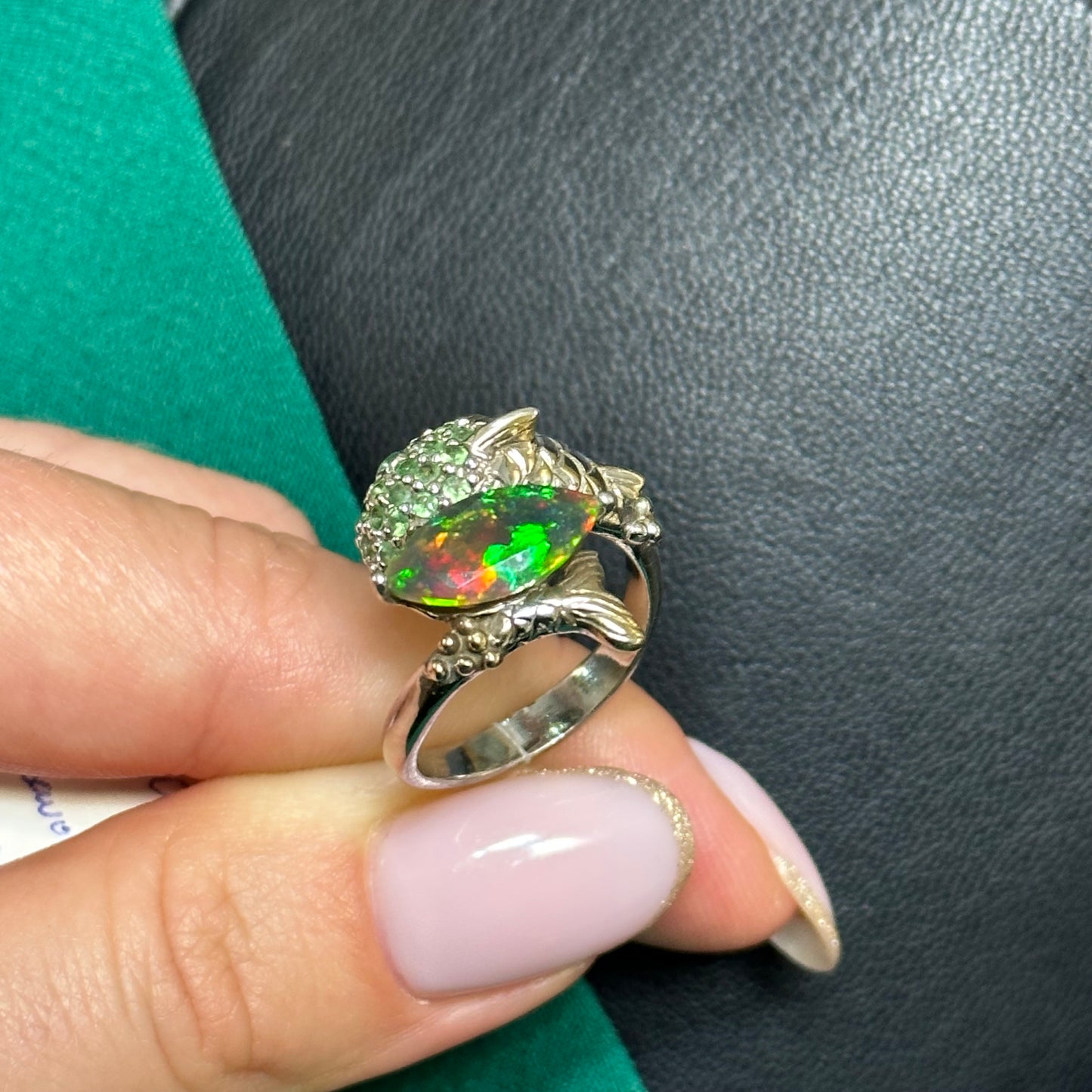 Silver Dolphin Ring with Black Opal and Tsavorite Garnets