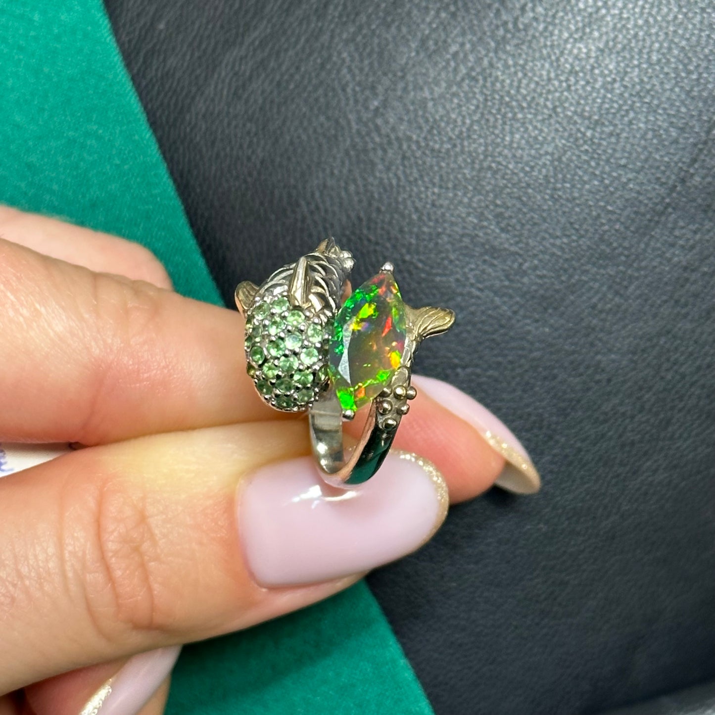 Silver Dolphin Ring with Black Opal and Tsavorite Garnets