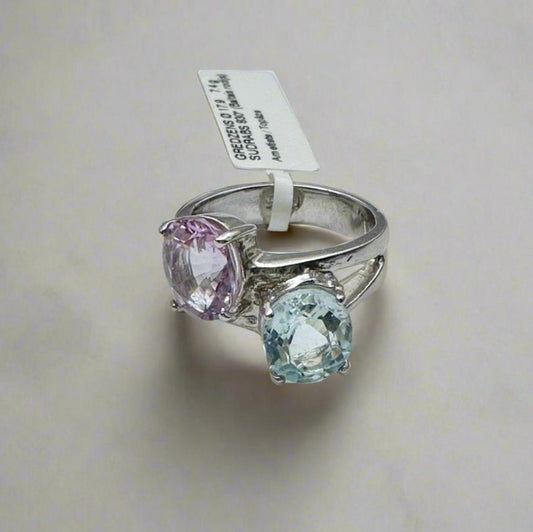 ring with sky blue topaz and french amethyst