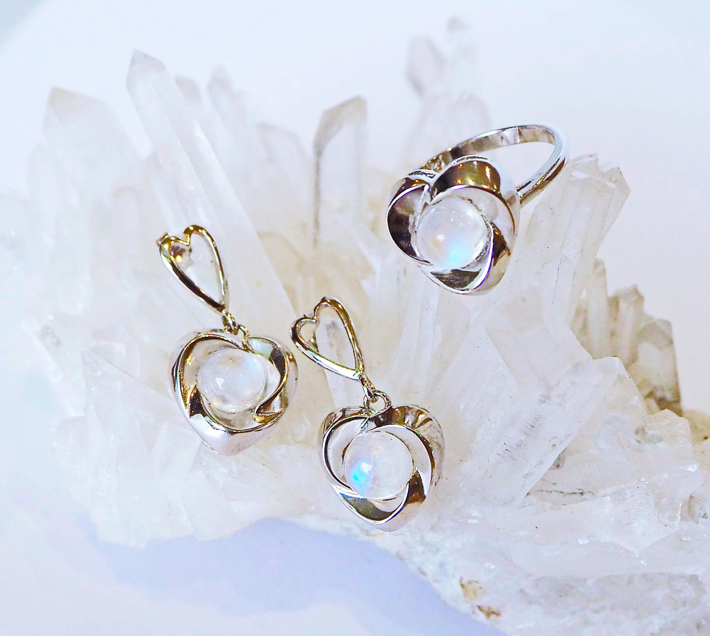 Silver Hearts Earrings with Moonstones and Zircons