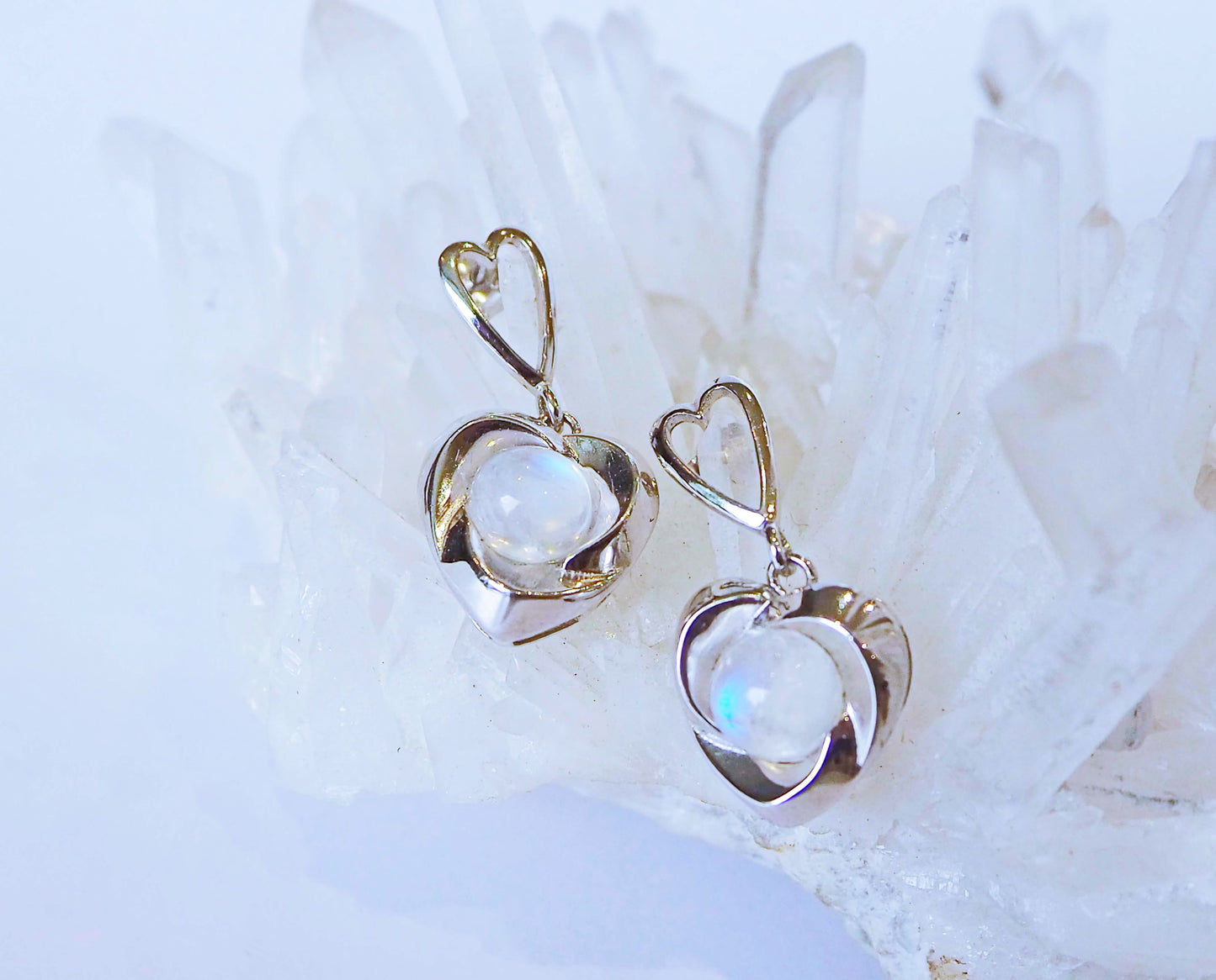 Silver Hearts Earrings with Moonstones and Zircons