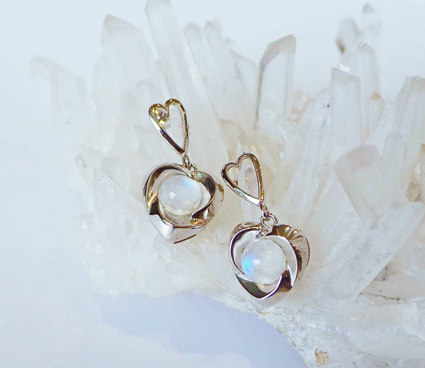 Silver Hearts Earrings with Moonstones and Zircons