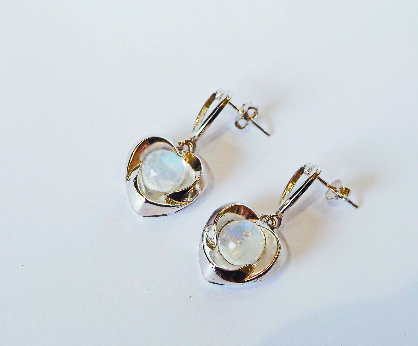 Silver Hearts Earrings with Moonstones and Zircons