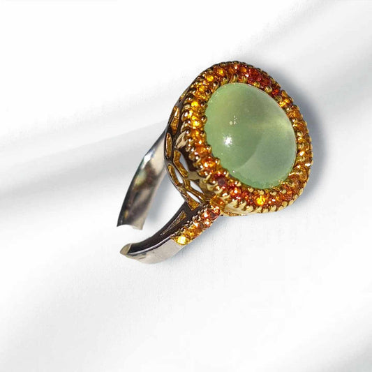 Silver Ring with Prehnite and Multicoloured Sapphires