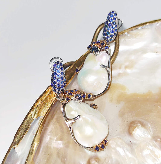 Silver Earrings with White Baroque Pearls and Blue Sapphires