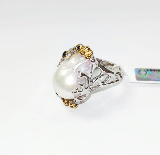 Silver Coral Reef Ring with White Baroque Pearl and Blue Sapphires