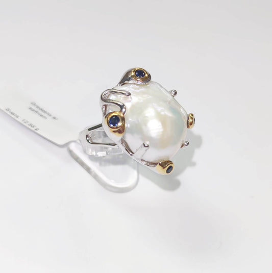 Silver Ring with White Baroque Pearl and Blue Sapphires