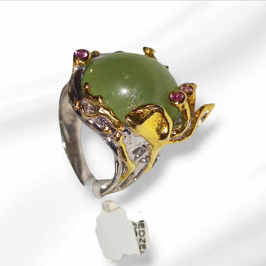 Silver Ring with Prehnite and Pink Sapphires