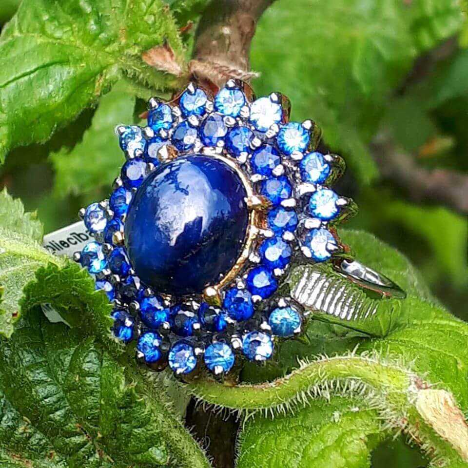 Silver Ring with Star Blue Sapphire and Blue Sapphires