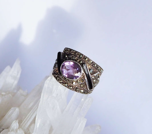 Silver Ring with Amethyst and Black Enamel