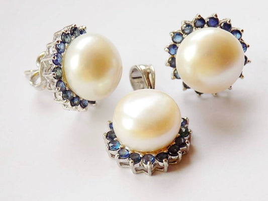 Silver Earrings with White Freshwater Pearls and Blue Sapphires