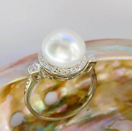 Silver Ring with White Sea Pearl and Zircons