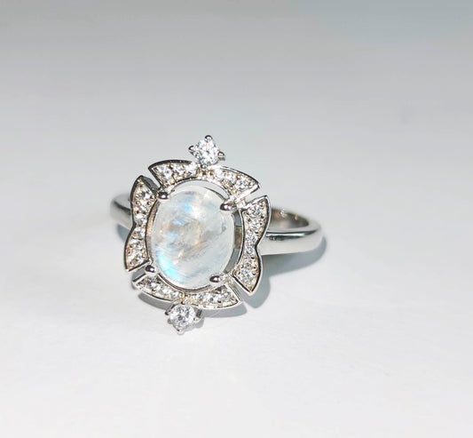 sterling silver ring with natural moonstone and zircons