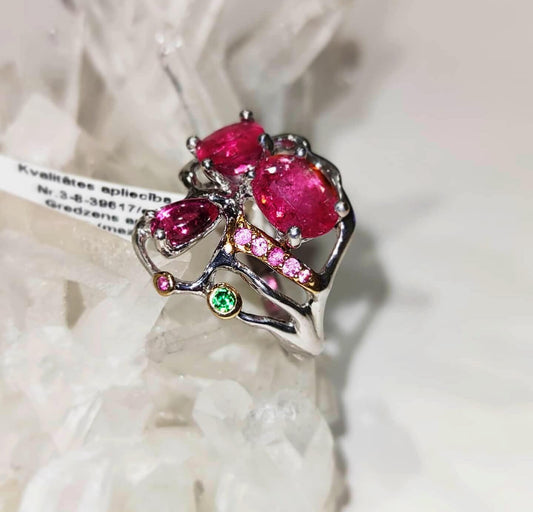 Silver Ring with Pink Tourmalines, Pink Sapphires and Green Garnet