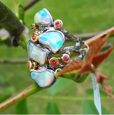 Silver ring with Ethiopian Opals, Orange Sapphires and Green Garnets