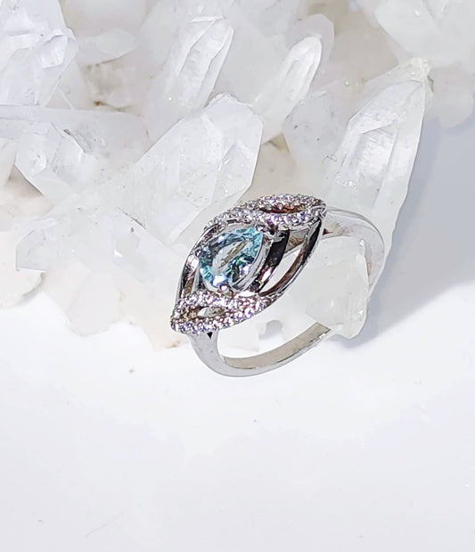 Silver Ring with Aquamarine and Zircons