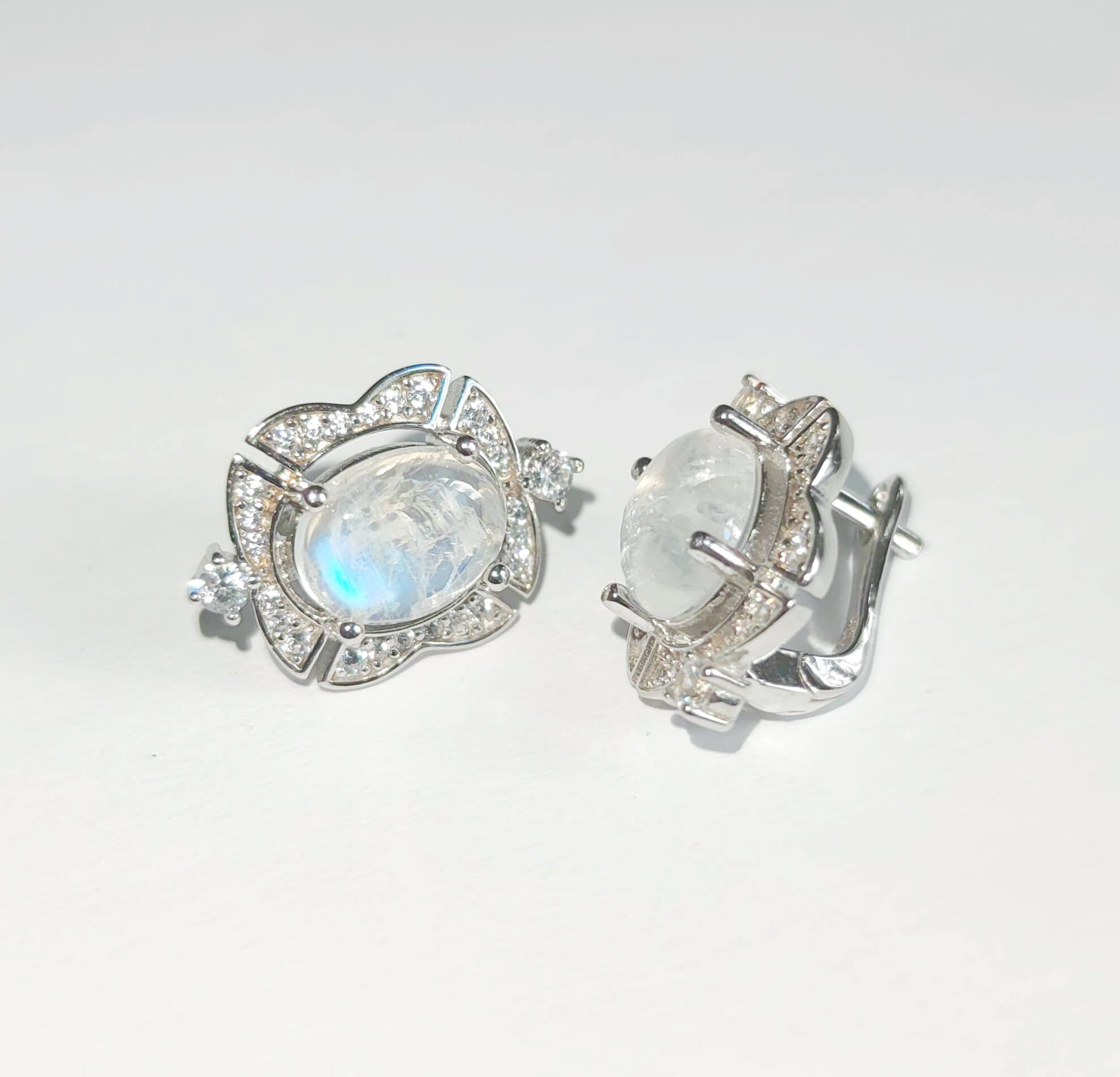  sterling silver earrings with natural moonstones and zircons