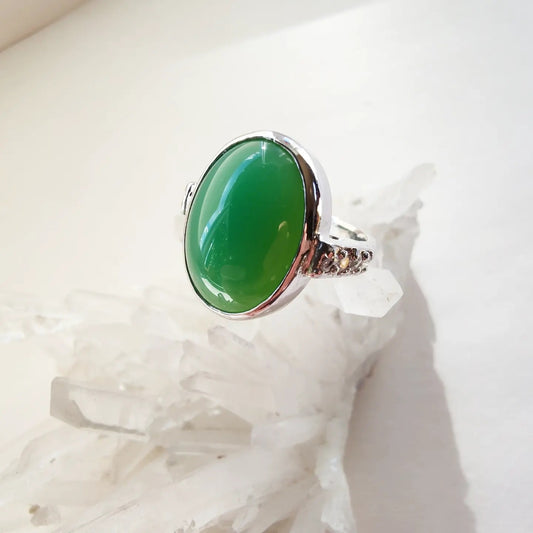 Silver Ring with Chrysoprase and Zircons