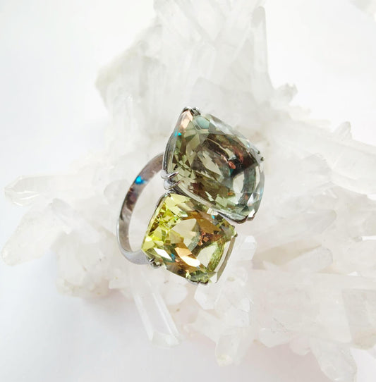 Silver Ring with Prasiolite and Lemon Citrine