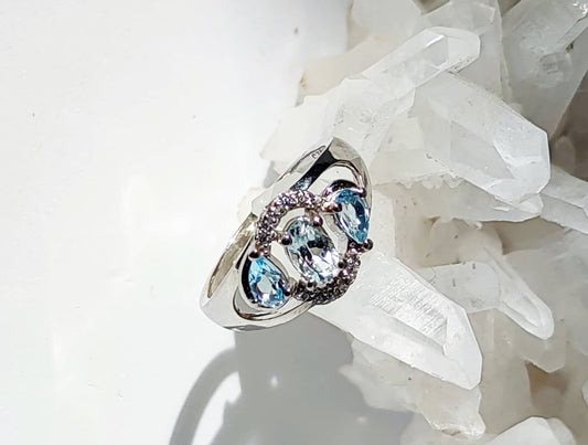 Silver Ring with Aquamarine, Blue Topazes and Zircons