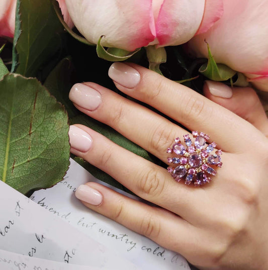 Silver Ring with Pink and Yellow Sapphires, Amethysts and Tanzanites