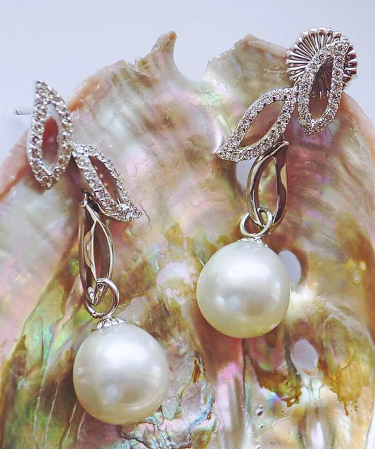 Silver Earrings with White Sea Pearls and Zircons