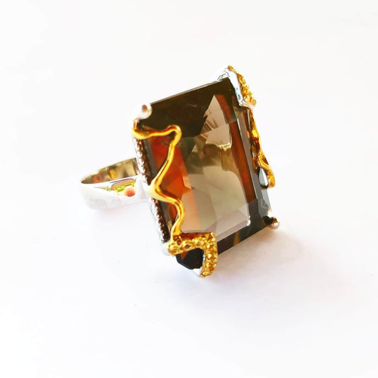 Silver Ring with Smoky Quartz and Yellow Sapphires