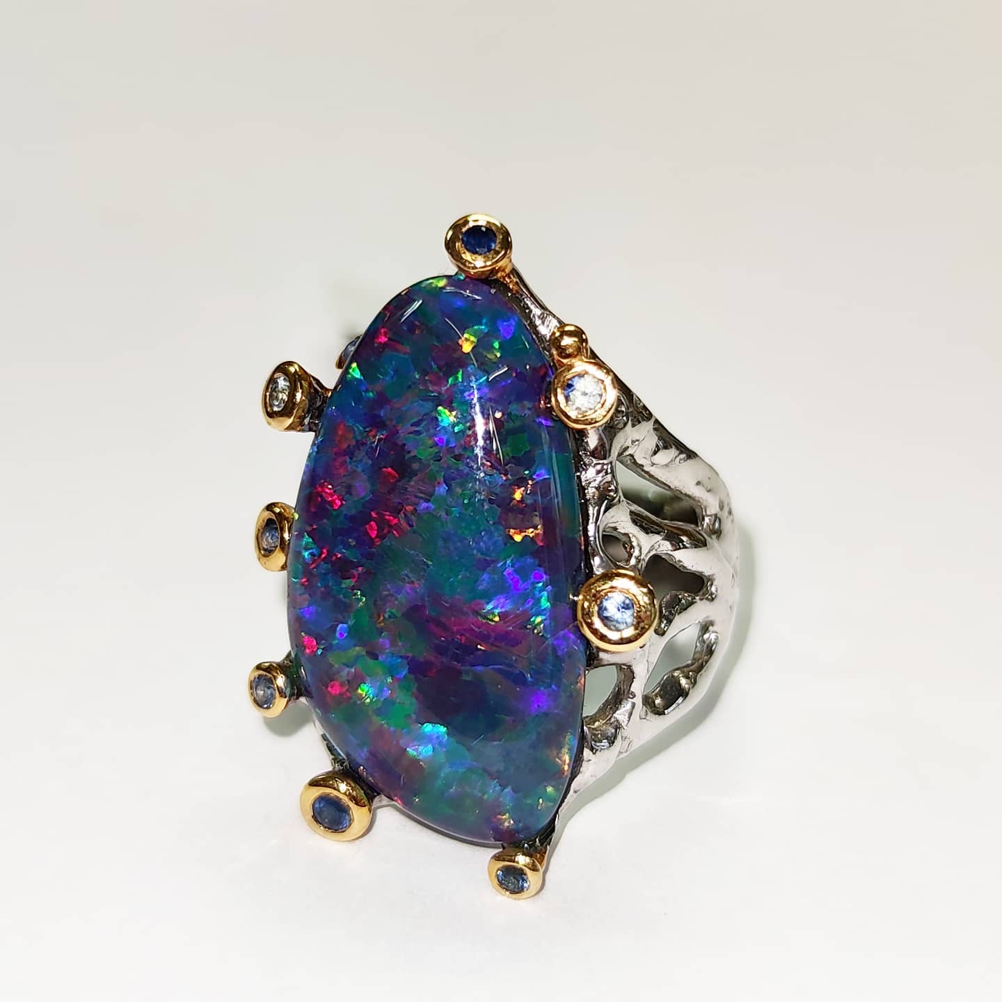 Silver Ring with Australian Opal and Blue Sapphires