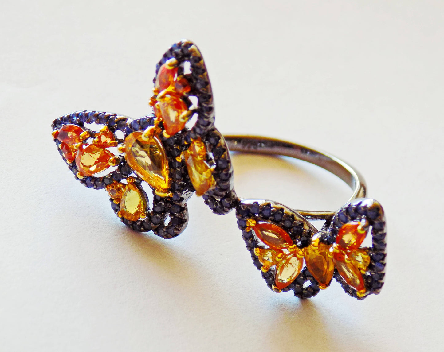 Butterfly Silver Ring with Citrines, Yellow and Blue Sapphires - AnArt