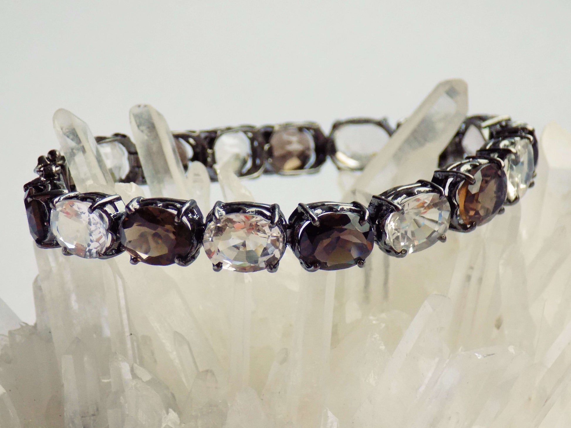 Silver Bracelet with Rhinestones and Smoky Quartzes - AnArt