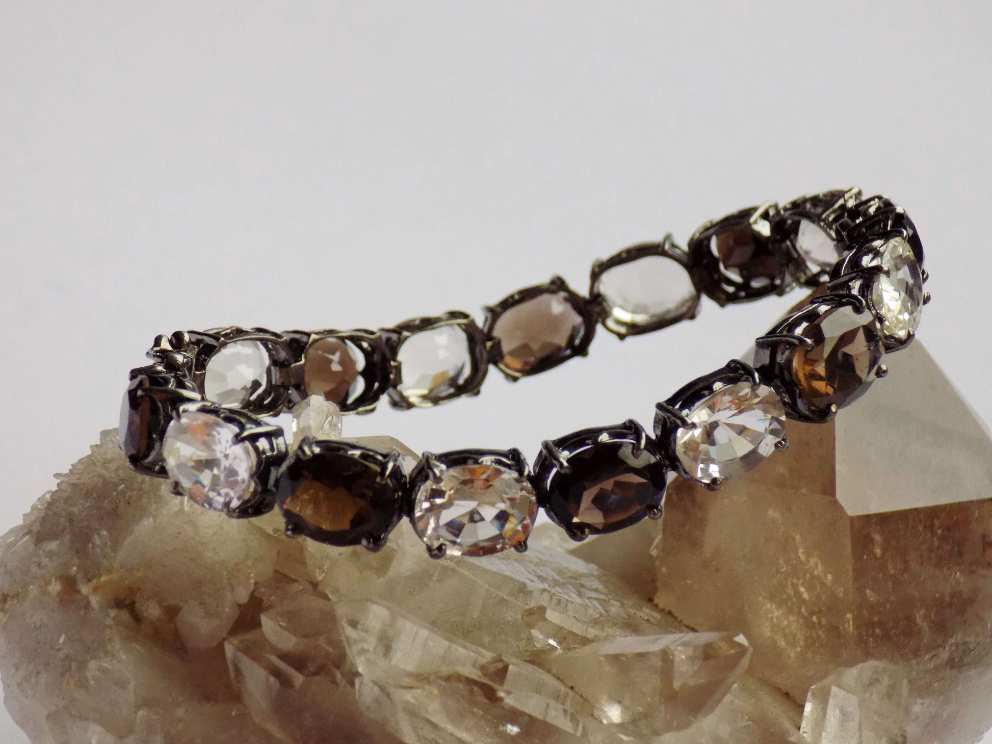 Silver Bracelet with Rhinestones and Smoky Quartzes - AnArt