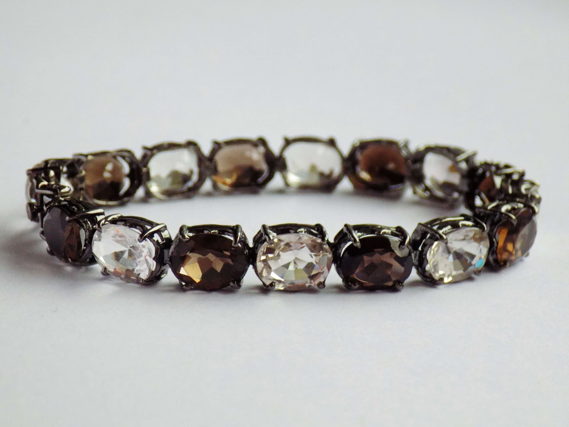 Silver Bracelet with Rhinestones and Smoky Quartzes - AnArt